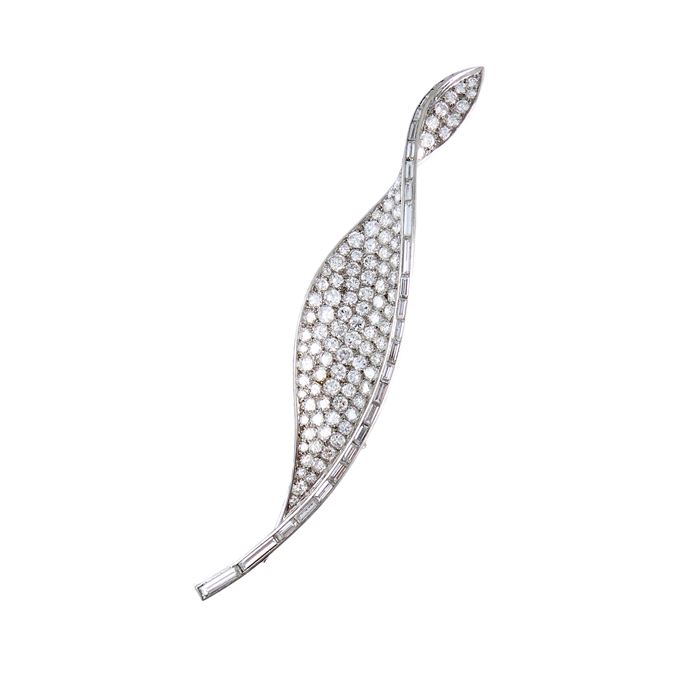 Art Deco diamond leaf brooch by Sterle, Paris, of elongated design with scroll-twist point, | MasterArt